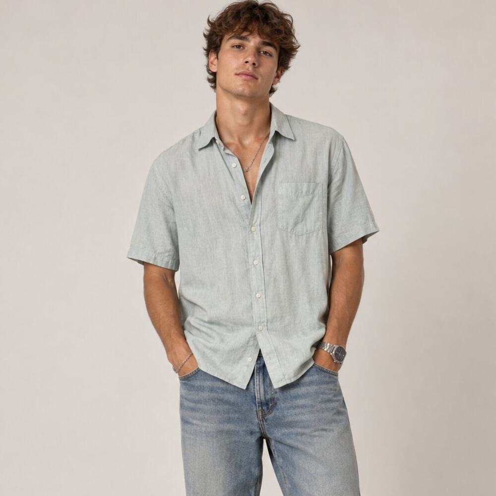 Men’s Banana Republic Slim Fit Linen Button Down Shirt XL Light Sky Blue Casual